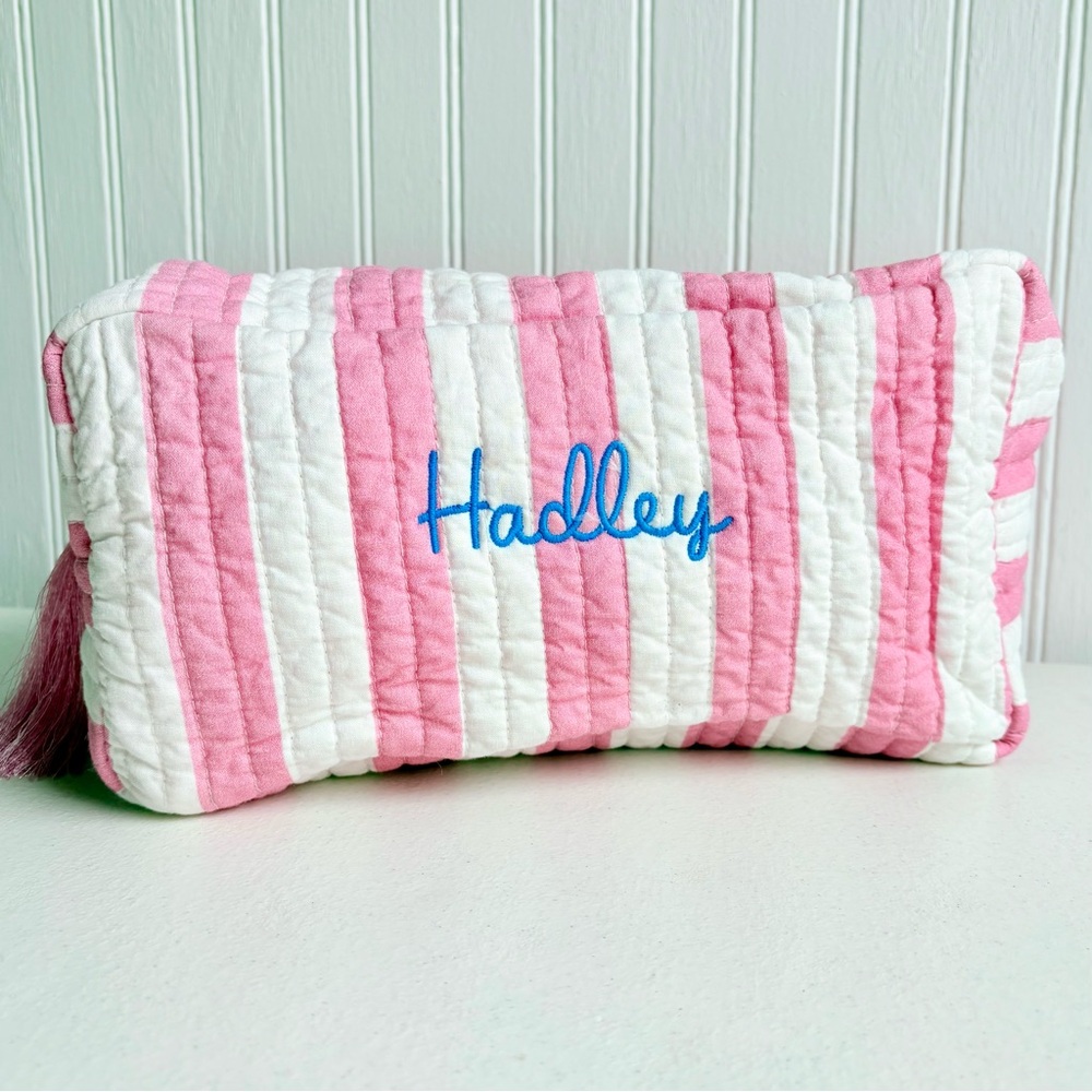 Mark & Graham Block Print Cabana Stripe Quilted Cosmetic Travel Bag Mono Hadley